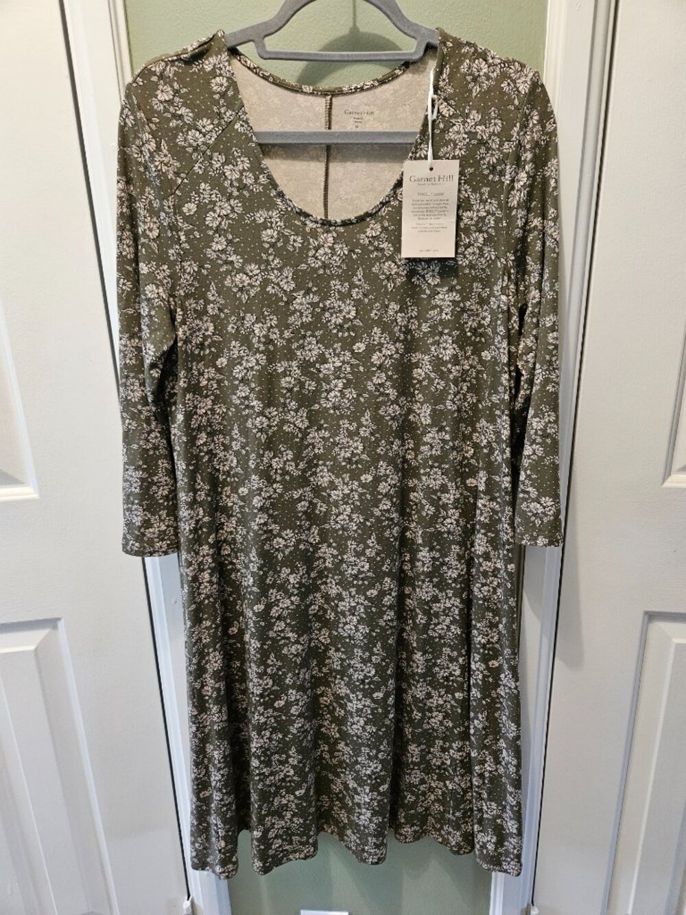 Garnet Hill Seamed Knit Trapeze Dress Green Floral Medium M Cottagecore Feminine